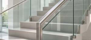Brushed stainless handrail and glass balustrade on an interior stair