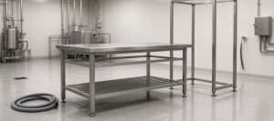 A stainless work table and washdown frame in a food processing room, with a hose on the floor