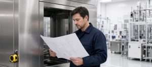An engineer comparing a drawing with an opening in a stainless equipment frame