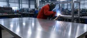 Stainless sheet in a fabrication workshop, with a welder working on a steel frame