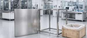 A brushed stainless guard and stainless frame beside a crate in a clean process-equipment hall