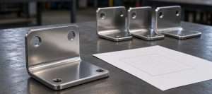 One stainless bracket in front of a short row of matching brackets