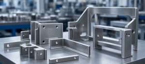 Stainless steel brackets, frames and an enclosure on a fabrication bench