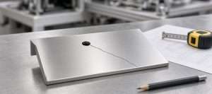 A cracked brushed stainless guard on a bench beside a tape measure and a sketch